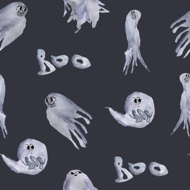 Karanlık arka planda dikişsiz hayalet suluboya deseni. Tasarım ve çizimler için şablon.