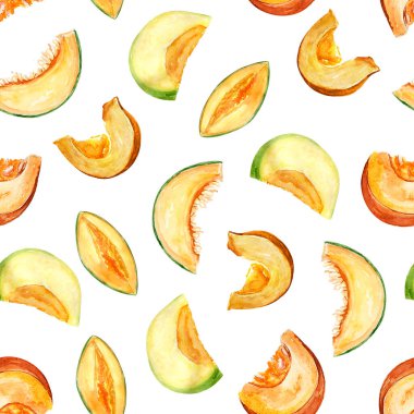 Kavun ve balkabağı dilimleri suluboya desensiz. Tasarım ve çizimler için şablon.