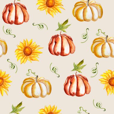 Ayçiçeği ve balkabağı sulu boya desenleri. Tasarım ve çizimler için şablon.