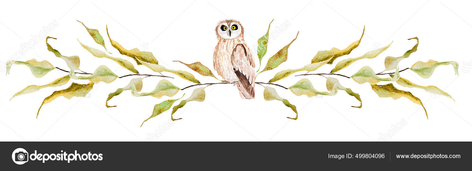 Coruja Ramos Uma Borda Aquarela Árvore Outono Modelo Para Decorar — Foto ©  KaterinaHol #499804096, image size:1600x580