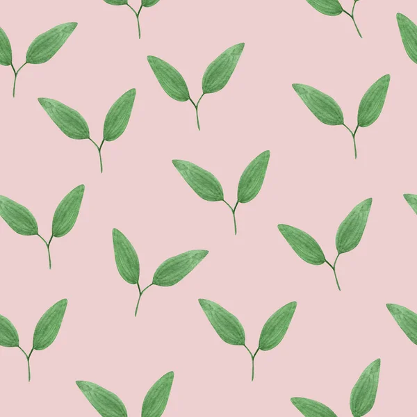 绿色叶子在粉红色背景水彩画上无缝图案 装饰设计和插图模板 — 图库照片