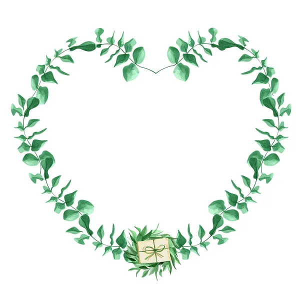 Heart Frame Made Branches Eucalyptus Watercolor Pattern Template Decorating Designs — Stock Photo, Image