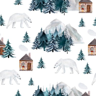 Kış ormanındaki kutup ayısı suluboya desensiz. Tasarım ve çizimler için şablon.