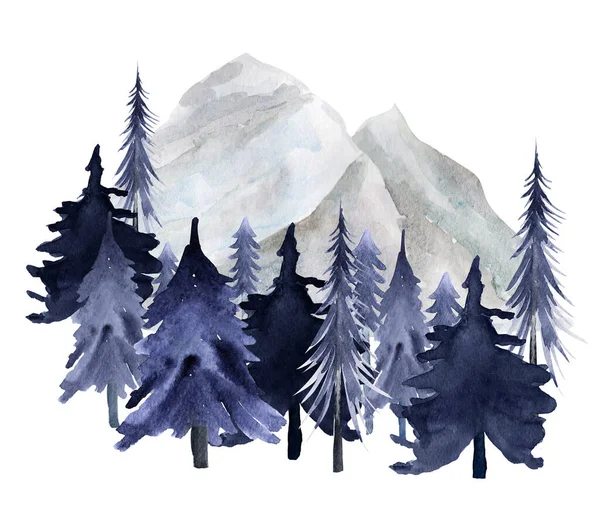 Dağlar ve orman suluboya çizimleri. Tasarım ve çizimler için şablon.