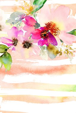 Çiçekli tebrik kartı. Pastel renkler. El yapımı. Suluboya 