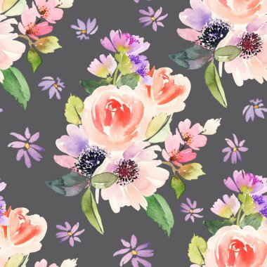 Çiçeklerle suluboya kusursuz desen.