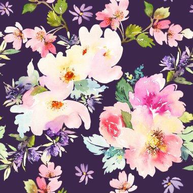 Çiçeklerle suluboya kusursuz desen.