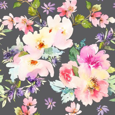 Çiçeklerle suluboya kusursuz desen.