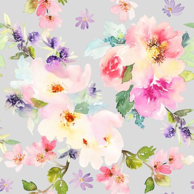 Çiçeklerle suluboya kusursuz desen.