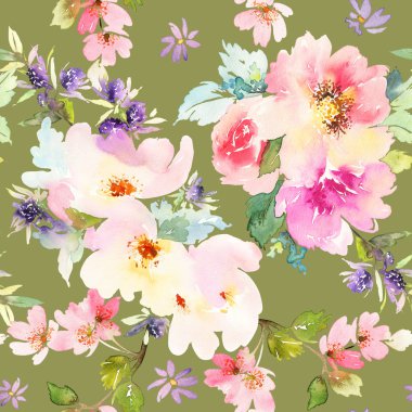 Çiçeklerle suluboya kusursuz desen.