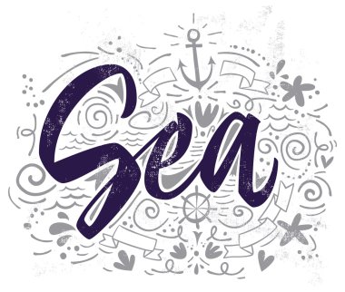 Yazdır T-shirt deniz için. Vektör çizim. El yazı.