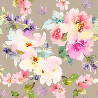 Çiçeklerle suluboya kusursuz desen.