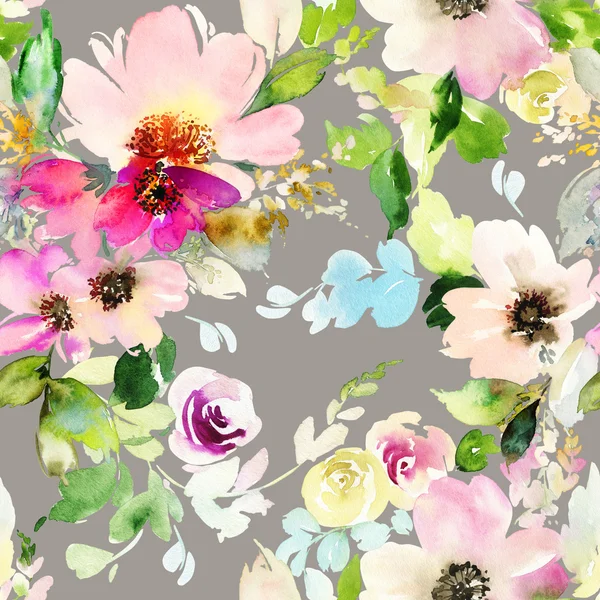 Płynny wzór z kwiatami akwarela. — Zdjęcie stockowe