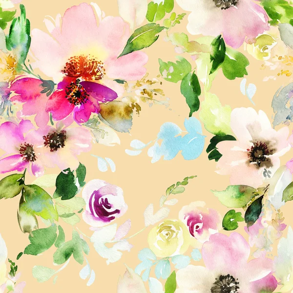 Płynny wzór z kwiatami akwarela — Zdjęcie stockowe