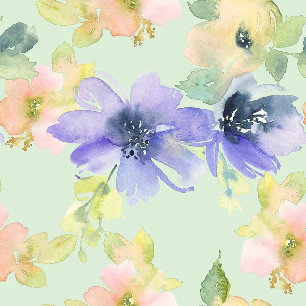 Płynny wzór z kwiatami akwarela — Zdjęcie stockowe