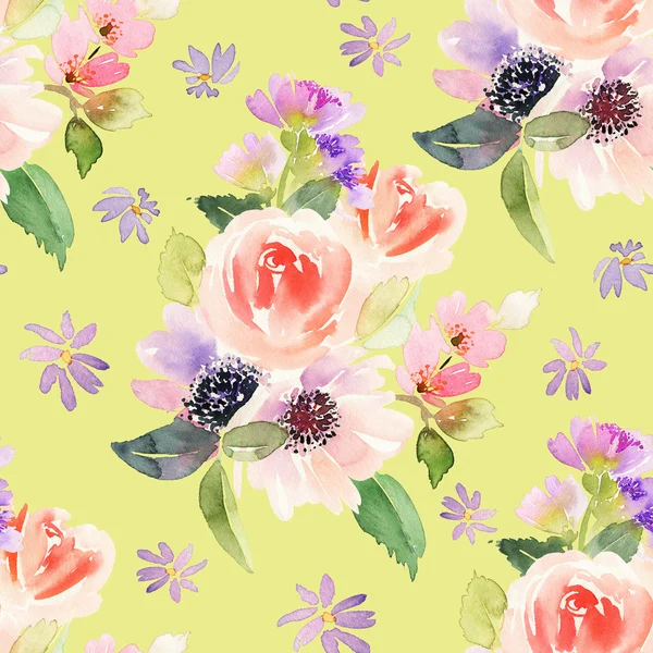 Seamless pattern with flowers watercolor. Gentle colors. — Stock Photo, Image