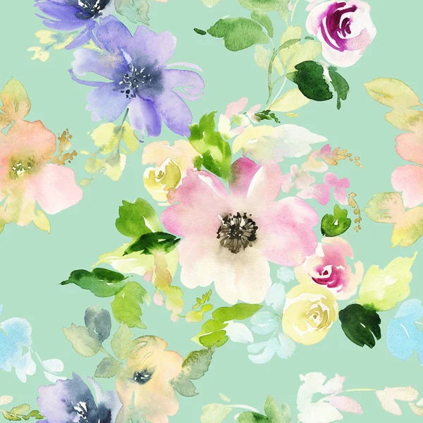 Çiçeklerle suluboya kusursuz desen — Stok fotoğraf