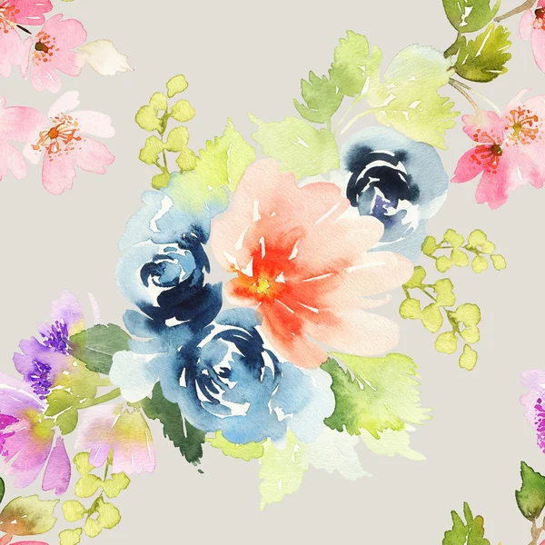 Απρόσκοπτη μοτίβο με λουλούδια ακουαρέλα — Φωτογραφία Αρχείου
