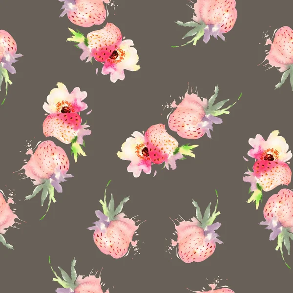 Flores de morango sem costura padrão aquarela. Gráfico abstrato — Fotografia de Stock