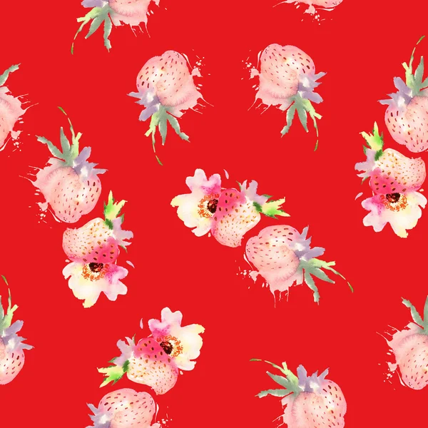 Jahodová květiny bezešvé pattern akvarel. Abstraktní grafika. — Stock fotografie
