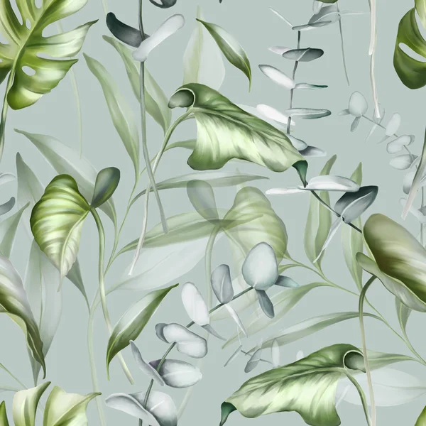 Seamless tropical pattern with eucolyptus branches and tropical leaves