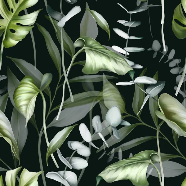 ユーカリの枝や熱帯の葉とシームレスな熱帯パターン — ストック写真