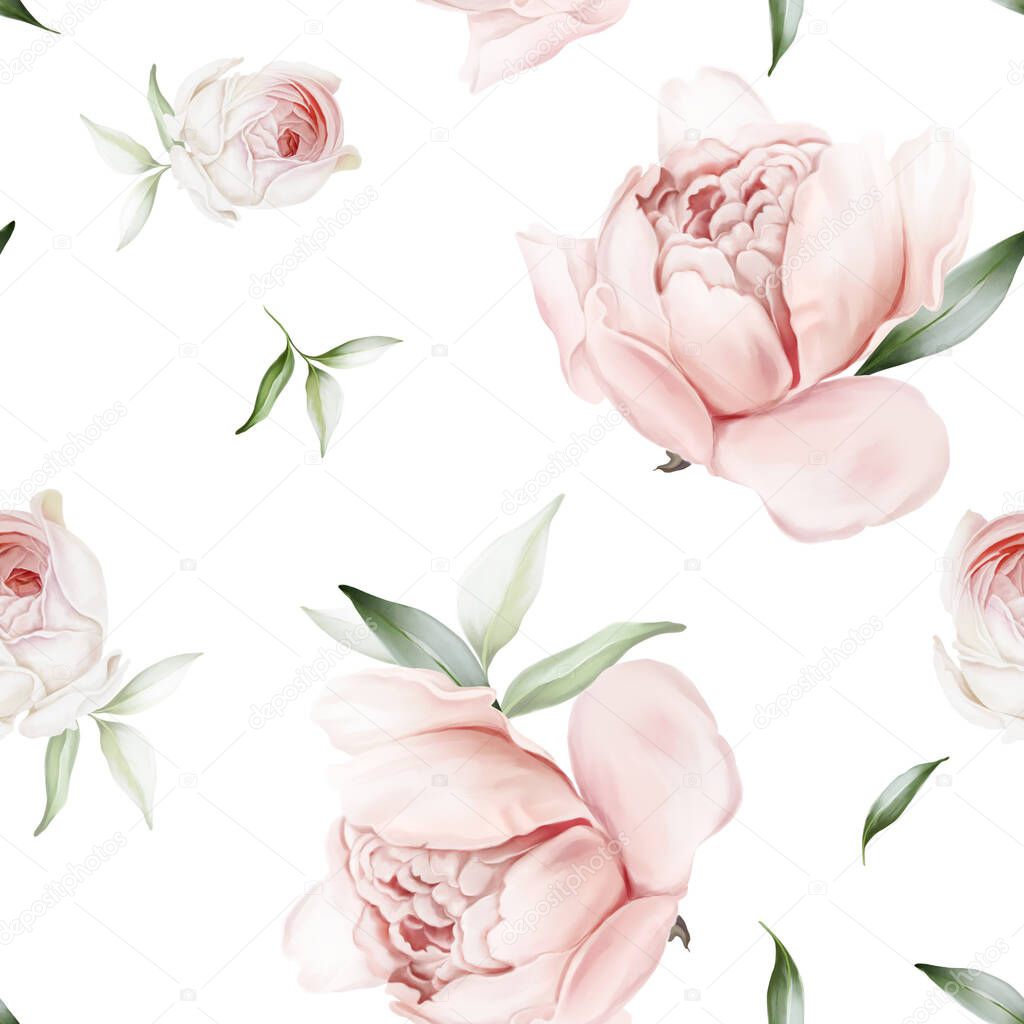 Seamless pattern with roses and peonies in a gentle range