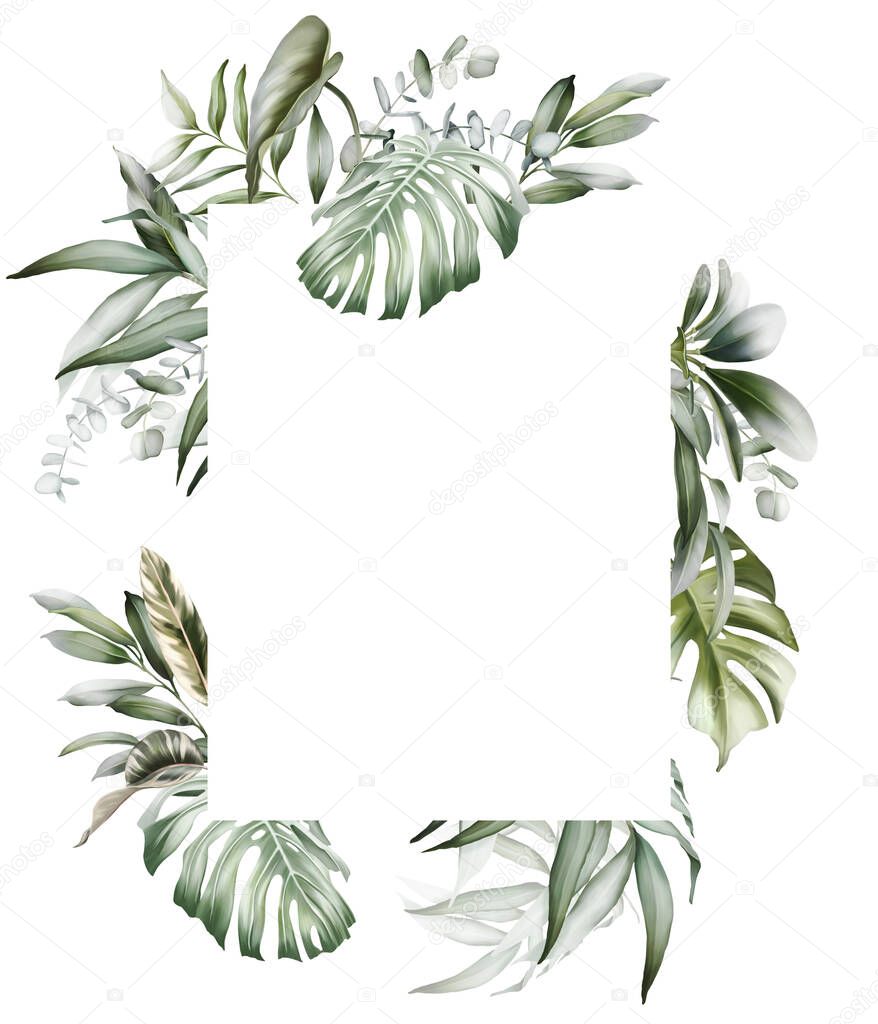 Design of greeting card, wedding invitation with green leaves and branches in modern style