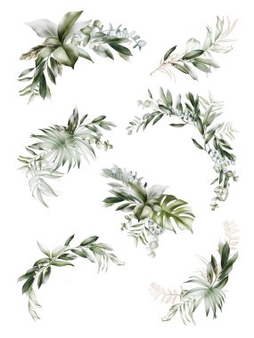 Beyaz arka planda altın ve yeşil dallı buketler.