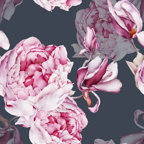 Безшовний Візерунок Магноліями Півоніями Квіти Акварельному Стилі — стокове фото