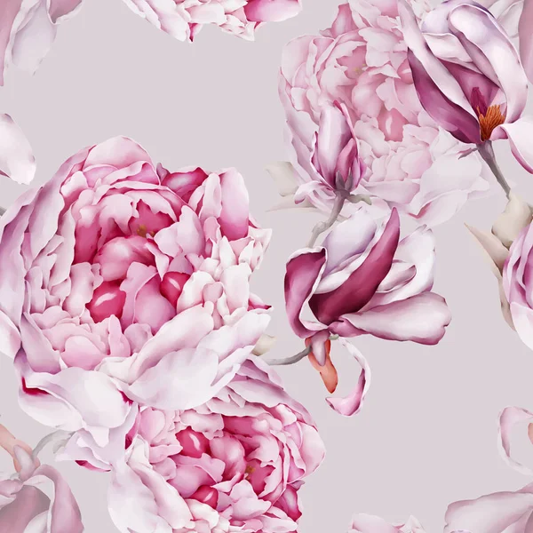 Manolya ve şakayık desenli kusursuz desen. Suluboya tarzında çiçekler.