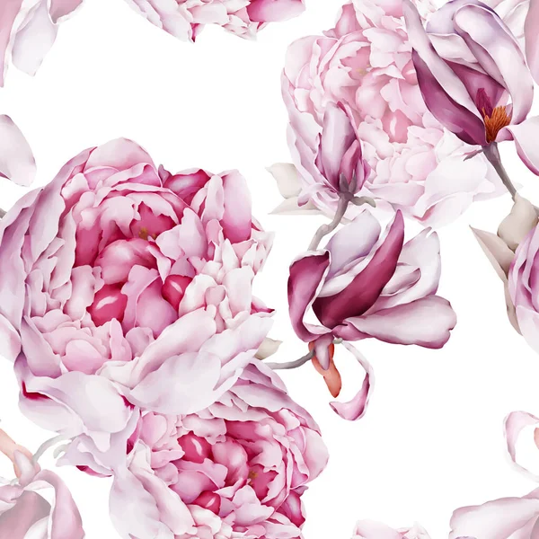 Manolya ve şakayık desenli kusursuz desen. Suluboya tarzında çiçekler.