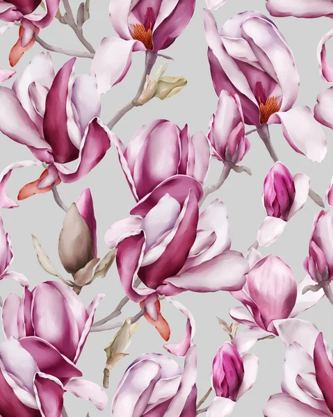 Patrón Sin Costuras Con Magnolias Flores Estilo Acuarela — Foto de Stock