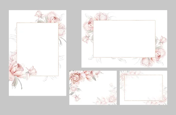 Set Greeting Cards Delicate Roses Peonies Pastel Colors — Stock Photo, Image