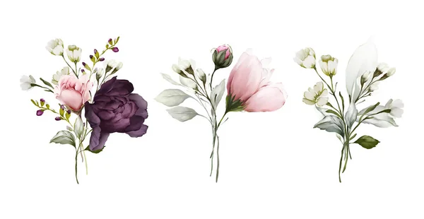 A set of bouquets with field flowers for congratulations in a watercolor style