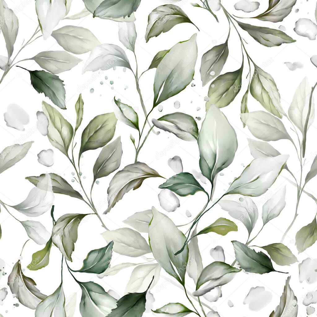 Seamless summer pattern with branches and leaves in a watercolor style