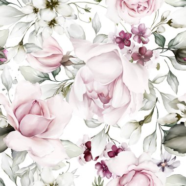 Mor güller ve şakayıklar suluboya tarzında kusursuz suluboya desenler.