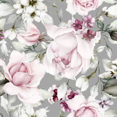 Mor güller ve şakayıklar suluboya tarzında kusursuz suluboya desenler.