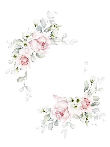 Grußkarte Mit Rosen Und Laub Auf Weißem Hintergrund Aquarell Stil — Stockfoto