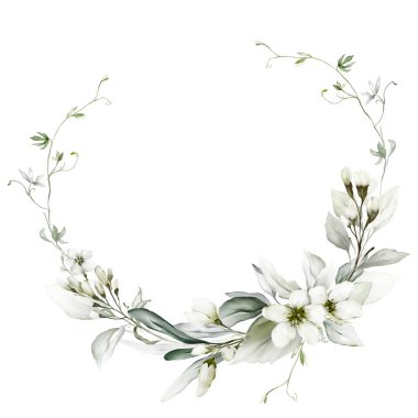 Düğün davetiyesi, çiçek çelengi, tebrik kartı, bitki unsurlu suluboya resim modern tarzda beyaz bir arka plan..