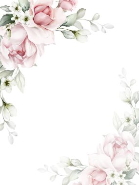 Suluboya tarzında beyaz bir arkaplan üzerinde güller ve yapraklar olan tebrik kartı 