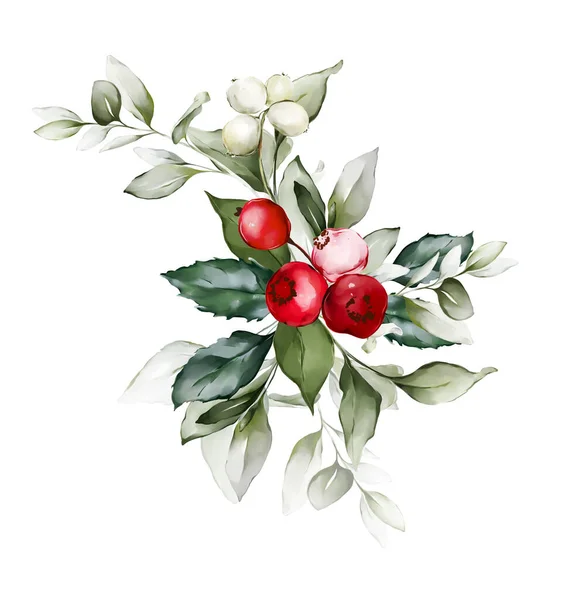 Vánoční Přání Bobulemi Větvemi Akvarelovém Stylu — Stock fotografie