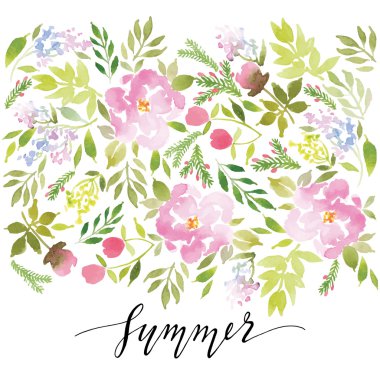 Suluboya tebrik kartı çiçekleri.