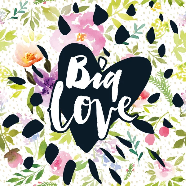 Vintage print with flowers. Big Love. — Stock Vector
