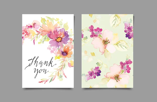 Dekorativa kort. blommor målade i akvarell. hand bokstäver. Seamless mönster. — Stock vektor