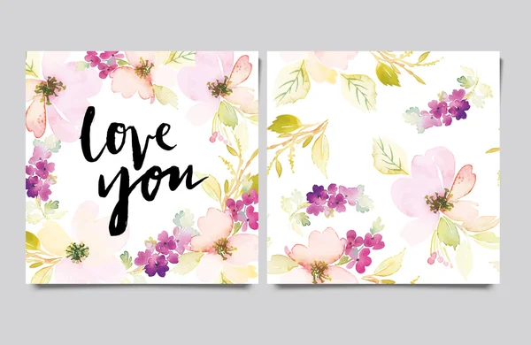 Tarjeta decorativa. Flores pintadas en acuarela. Letras de mano. Patrón sin costura . — Vector de stock