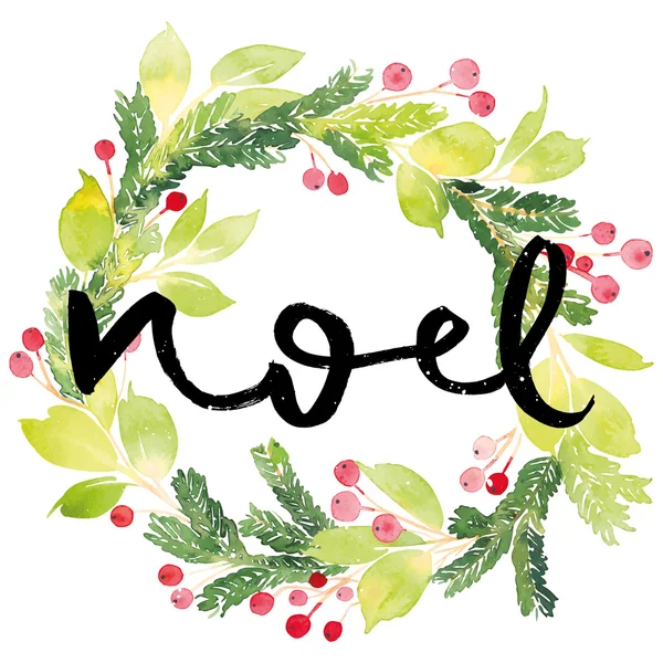 Noel kartı. Suluboya resim. El yazı. Noel çelenk. Suluboya.
