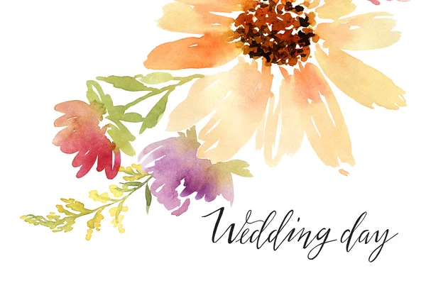明信片水彩向日葵。婚礼。花卉背景. — 图库照片