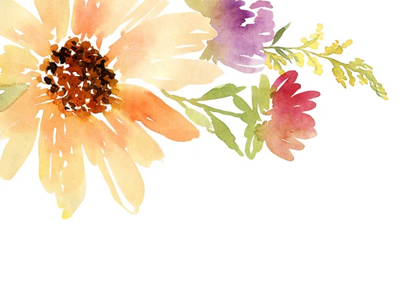 Postkarte Aquarell Sonnenblumen. Hochzeit. Floraler Hintergrund. — Stockfoto