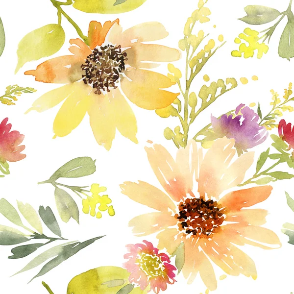 Sunflowers seamless pattern. Watercolor. Summer. — Stock Photo, Image